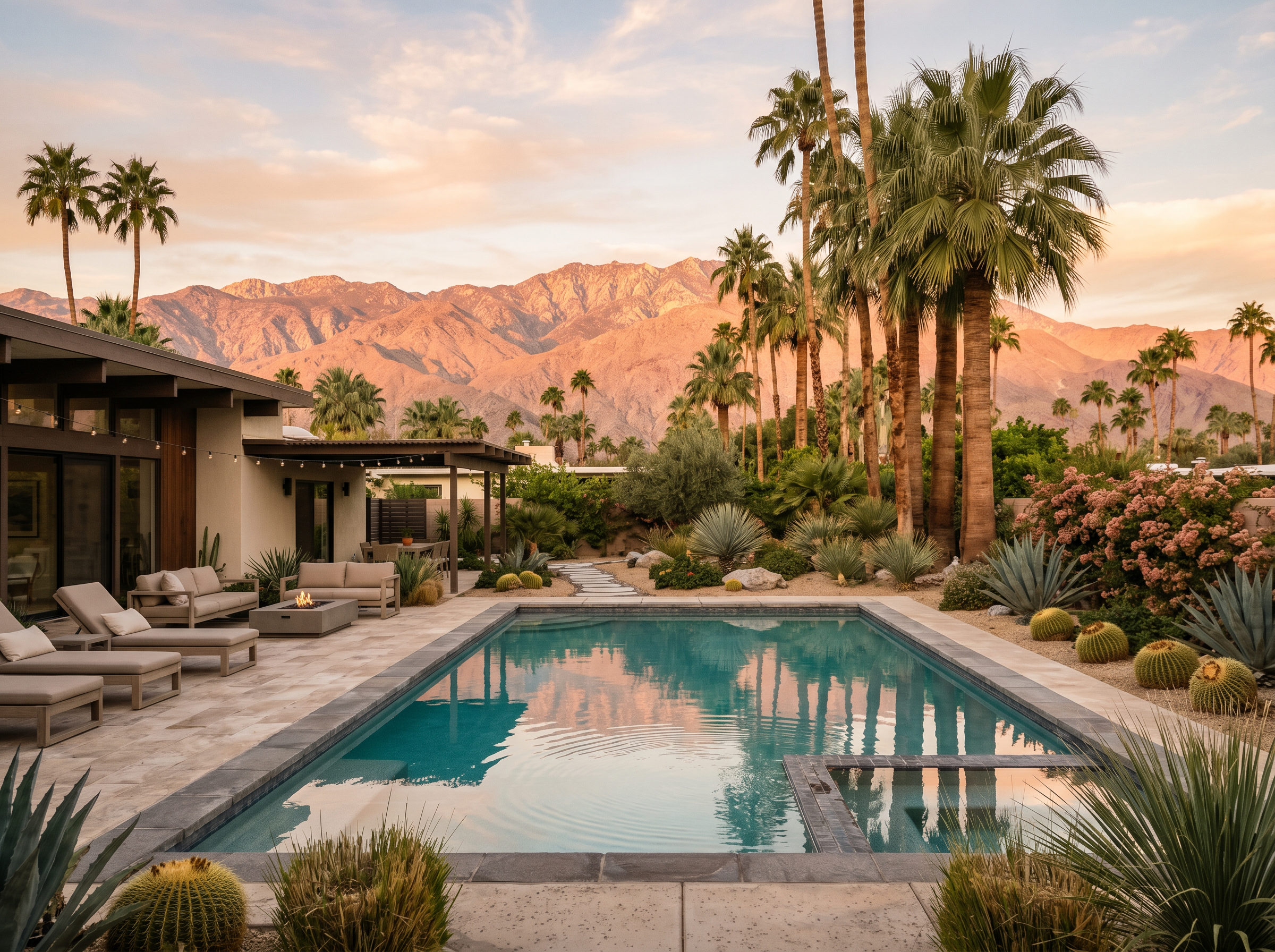 Luxury California estate with pool at golden hour
